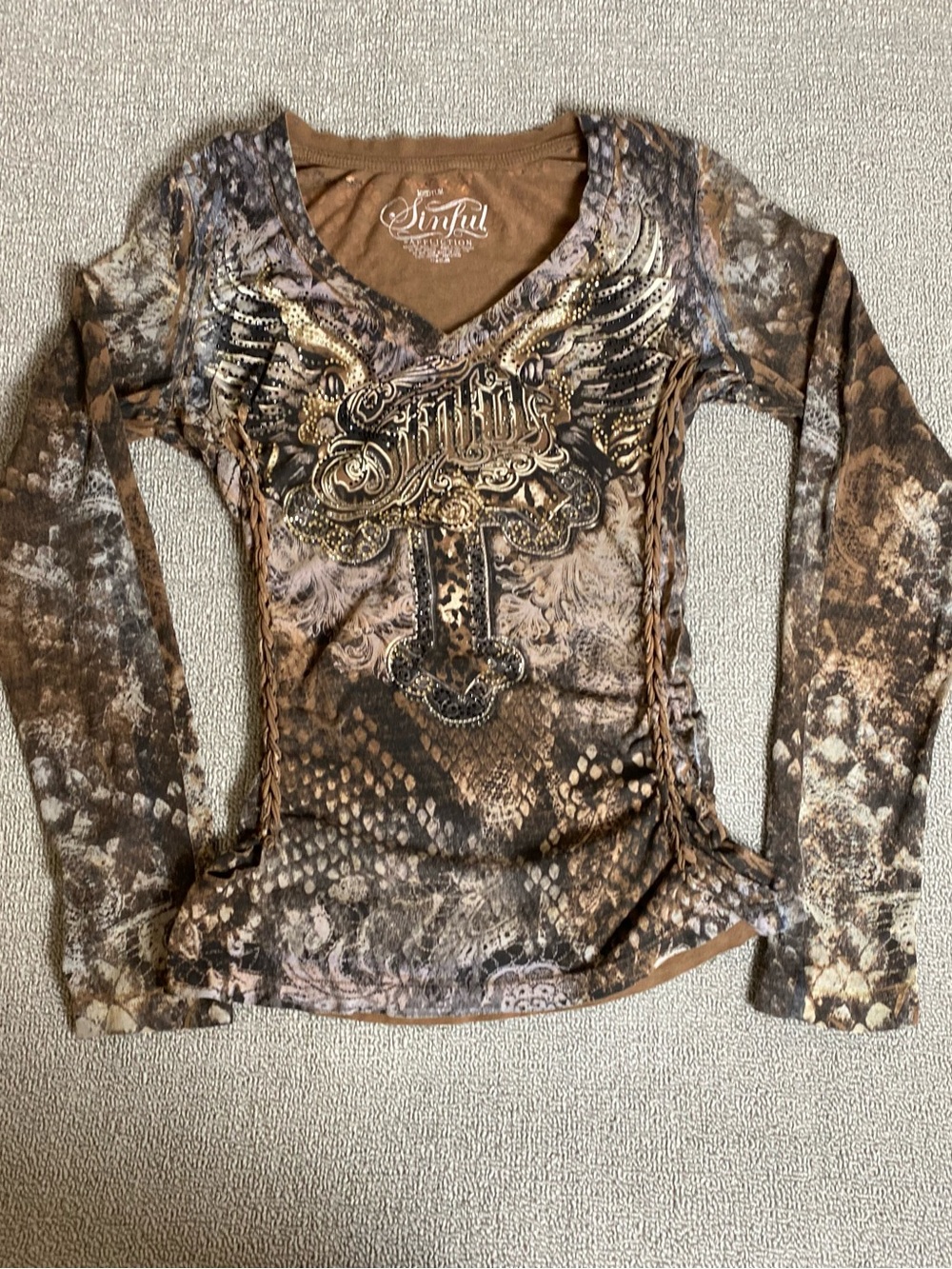 Sinful by Affliction Vintage Y2K Snakeskin Long Sleeve Top- Bikercore Moto